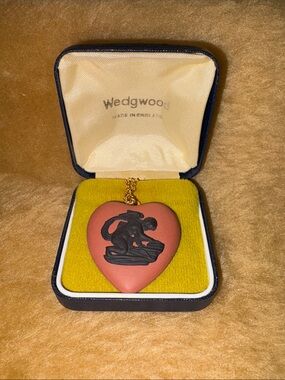 Wedgwood Red Jasperware Heart Pendant with Black Relief on Gold Chain